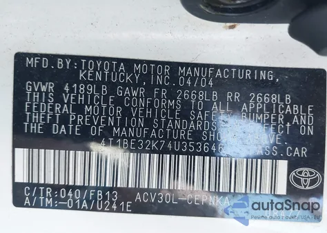 2004 Toyota Camry Le from USA, damaged, VIN 4T1BE32K74U353646